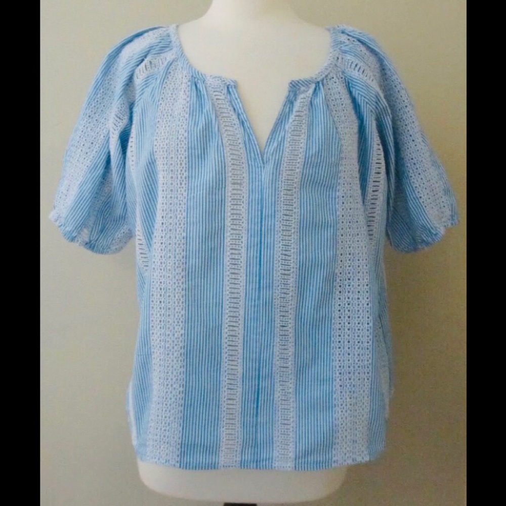 Blue White Eyelet Lace Peasant Blouse Cottagecore